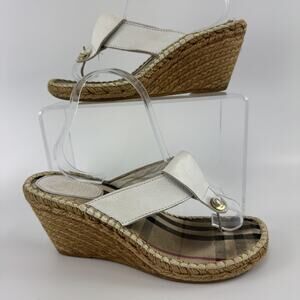 Burberry Nova Espadrilles Wedge Sandals Women's Size 40 White Leather Thong READ